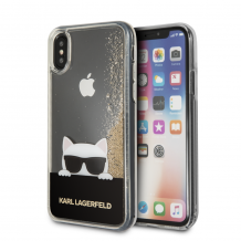 Оригинален калъф / твърд гръб / 3D KARL LAGERFELD Choupette Sunglasses Liquid Glitter Case за Apple iPhone X / iPhone XS - прозрачен / златист брокат / Cat