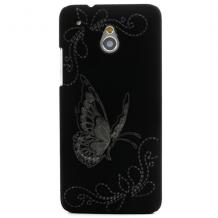 Заден предпазен твърд гръб / капак / за HTC One Mini M4 - черен с пеперуда