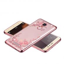 Луксозен силиконов калъф / гръб / TPU с камъни за Xiaomi Mi 9T - прозрачен / розови цветя / Rose Gold кант