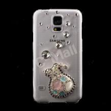 Луксозен твърд гръб / капак / 3D с камъни за Samsung G900 Galaxy S5 - прозрачен / ваза с цветни камъни
