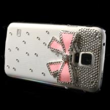 Луксозен твърд гръб / капак / 3D с камъни за Samsung G900 Galaxy S5 - прозрачен / розова панделка