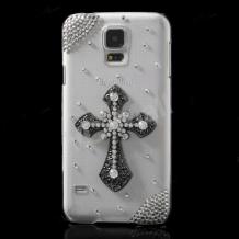 Луксозен твърд гръб / капак / 3D с камъни за Samsung G900 Galaxy S5 - прозрачен / кръст 
