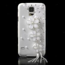 Луксозен твърд гръб / капак / 3D с камъни за Samsung G900 Galaxy S5 - прозрачен / бели цветя