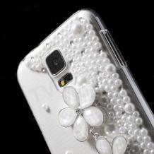 Луксозен твърд гръб / капак / 3D с камъни за Samsung G900 Galaxy S5 - прозрачен / бели цветя