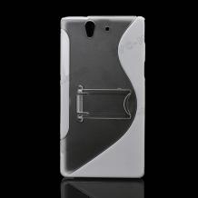 Заден предпазен твърд силиконов гръб със стойка за Sony Xperia Z Lt36H - прозрачен с бяло