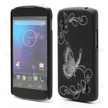 Заден предпазен твърд гръб / капак / за LG Nexus 4 E960 - черен с пеперуда