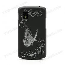 Заден предпазен твърд гръб / капак / за LG Nexus 4 E960 - черен с пеперуда
