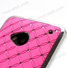Заден предпазен твърд гръб / капак / с камъни за HTC One M7 - розов с метален кант