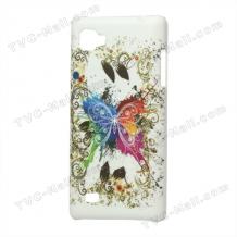 Заден предпазен твърд гръб / капак / за LG Optimus 4X HD P880 - бял с цветна пеперуда