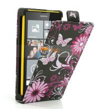 Кожен калъф Flip тефтер за Nokia Lumia 520 / Nokia Lumia 525 - черен с пеперуди и цветя