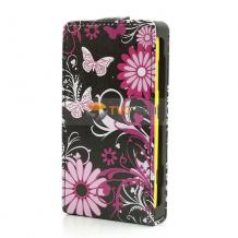 Кожен калъф Flip тефтер за Nokia Lumia 520 / Nokia Lumia 525 - черен с пеперуди и цветя