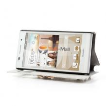 Луксозен кожен калъф Flip тефтер със стойка за Huawei Ascend P6 - бял с цветя и камъни