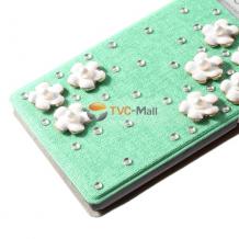 Луксозен кожен калъф Flip тефтер със стойка за Huawei Ascend P6 - зелен с цветя и камъни
