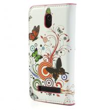 Кожен калъф Flip тефтер със стойка за HTC Desire 500 - бял с цветя и пеперуди