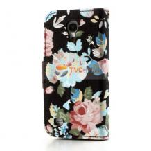 Кожен калъф Flip тефтер със стойка за Samsung Galaxy S4 mini i9190 / i9195 / i9192 - черен с цветя