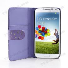 Кожен калъф Flip тефтер за Samsung Galaxy S4 S IV I9500 I9505 - лилав с цветя и брокат