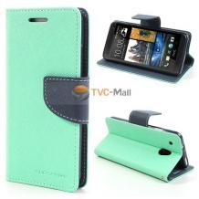 Луксозен кожен калъф Flip тефтер със стойка Mercury за HTC One Mini M4 - зелен с тъмно синьо