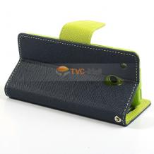 Луксозен кожен калъф Flip тефтер със стойка Mercury за HTC One Mini M4 - тъмно син със зелено