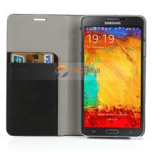 Луксозен кожен калъф Flip тефтер за Samsung Galaxy Note 3 N9000 / Note 3 N9005 - дърво / черен