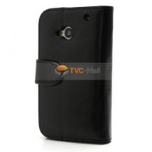Кожен калъф тип портмоне със стойка за HTC One M7 - черен