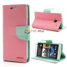 Луксозен кожен калъф Flip тефтер със стойка MERCURY за HTC One M7 - розово и синьо