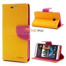Луксозен кожен калъф Flip тефтер със стойка MERCURY за HTC One M7 - жълто и розово