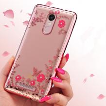 Луксозен силиконов калъф / гръб / TPU с камъни за Nokia 3 - прозрачен / розови цветя / Rose Gold кант