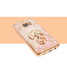Луксозен силиконов калъф / гръб / TPU с камъни и стойка / паун / за Samsung Galaxy S6 Edge G925 - розови цветя / златист кант 