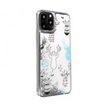 Луксозен твърд гръб 3D Winter Water Case за Samsung Galaxy S10 Plus - прозрачен / течен гръб с бял брокат / Reindeers
