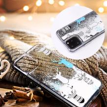 Луксозен твърд гръб 3D Winter Water Case за Huawei P Smart Z / Y9 Prime 2019 - прозрачен / течен гръб с бял брокат / Reindeers