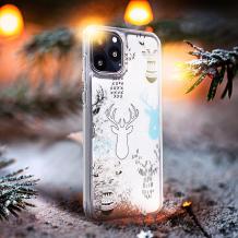 Луксозен твърд гръб 3D Winter Water Case за Huawei P Smart Z / Y9 Prime 2019 - прозрачен / течен гръб с бял брокат / Reindeers