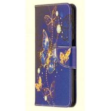 Кожен калъф Flip тефтер Flexi със стойка за Samsung Galaxy A20e - тъмно син / пеперуди