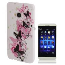 Силиконов калъф ТПУ за HTC One M7 - бял с розови и черни пеперуди