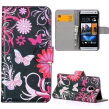 Кожен калъф Flip тефтер със стойка за HTC One Mini M4 - черен с цветя и пеперуди