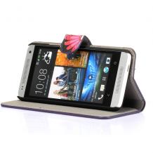 Кожен калъф Flip тефтер със стойка за HTC One Mini M4 - черен с цветя и пеперуди