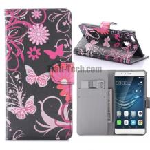 Кожен калъф Flip тефтер със стойка за Huawei P9 Lite - черен / розови цветя и пеперуди