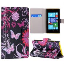 Кожен калъф Flip тефтер със стойка за Nokia Lumia 520 / Nokia Lumia 525 - черен с пеперуди