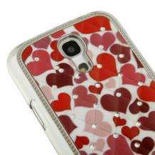 Луксозен заден предпазен твърд гръб / капак / с камъни за Samsung Galaxy S4 mini i9190 / i9195 / i9192 - бял със сърца