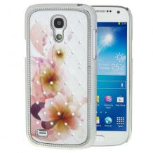 Луксозен заден предпазен твърд гръб / капак / с камъни за Samsung Galaxy S4 mini i9190 / i9195 / i9192 - бял с цветя