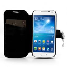 Луксозен кожен калъф Flip тефтер със стойка за Samsung Galaxy S4 Mini I9195 / I9192 / I9190 - цвете с камъни / черен