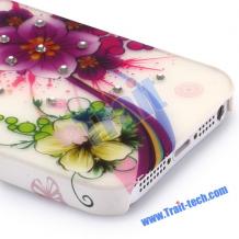 Заден предпазен твърд гръб с камъни за Apple iPhone 5 / 5S - бял с цветя