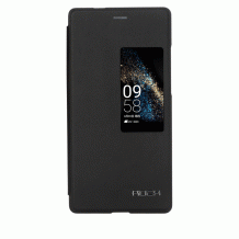 Кожен калъф Flip Cover S View ROCK Smart Phone Case тип тефтер за Huawei Ascend P8 - черен