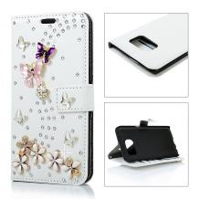 Луксозен кожен калъф 3D Flip тефтер за Samsung Galaxy Note 4 N910 - бял / Flower & Butterfly