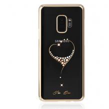 Луксозен твърд гръб KINGXBAR Swarovski Diamond за Samsung Galaxy S9 G960 - прозрачен със златист кант / сърце