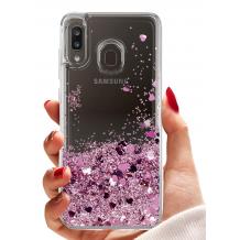 Луксозен твърд гръб 3D Water Case за Samsung Galaxy A11 - прозрачен / течен гръб с брокат / сърца / розов