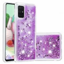 Луксозен твърд гръб 3D Water Case за Huawei Y5p - прозрачен / течен гръб с брокат / сърца / лилав