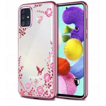 Силиконов калъф / гръб / TPU за Samsung Galaxy A21s - прозрачен / розови цветя и пеперуди / златист кант
