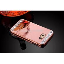 Луксозен алуминиев бъмпер с твърд гръб и камъни за Samsung Galaxy A3 2016 A310 - огледален / Rose Gold