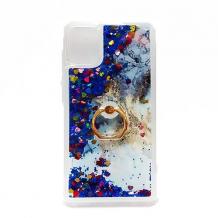Луксозен силиконов калъф / гръб / tpu 3D Water Case със стойка за Samsung Galaxy A51 - мрамор / син брокат и сърца