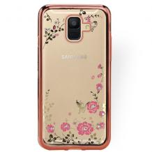 Луксозен силиконов калъф / гръб / TPU с камъни за Samsung Galaxy A6 2018 A600F - прозрачен / розови цветя / Rose Gold кант